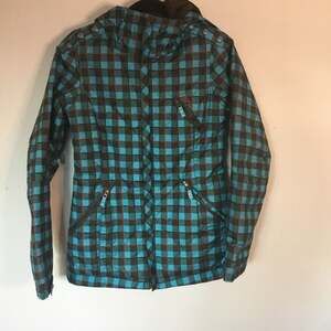 NWOT Burton womens Plaid Snowboard Jacket Teal and Brown Hooded Small